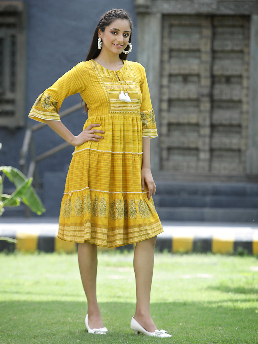 Juniper Mustard Rayon Festive Printed Tiered Short Dress For Women | Grocsy