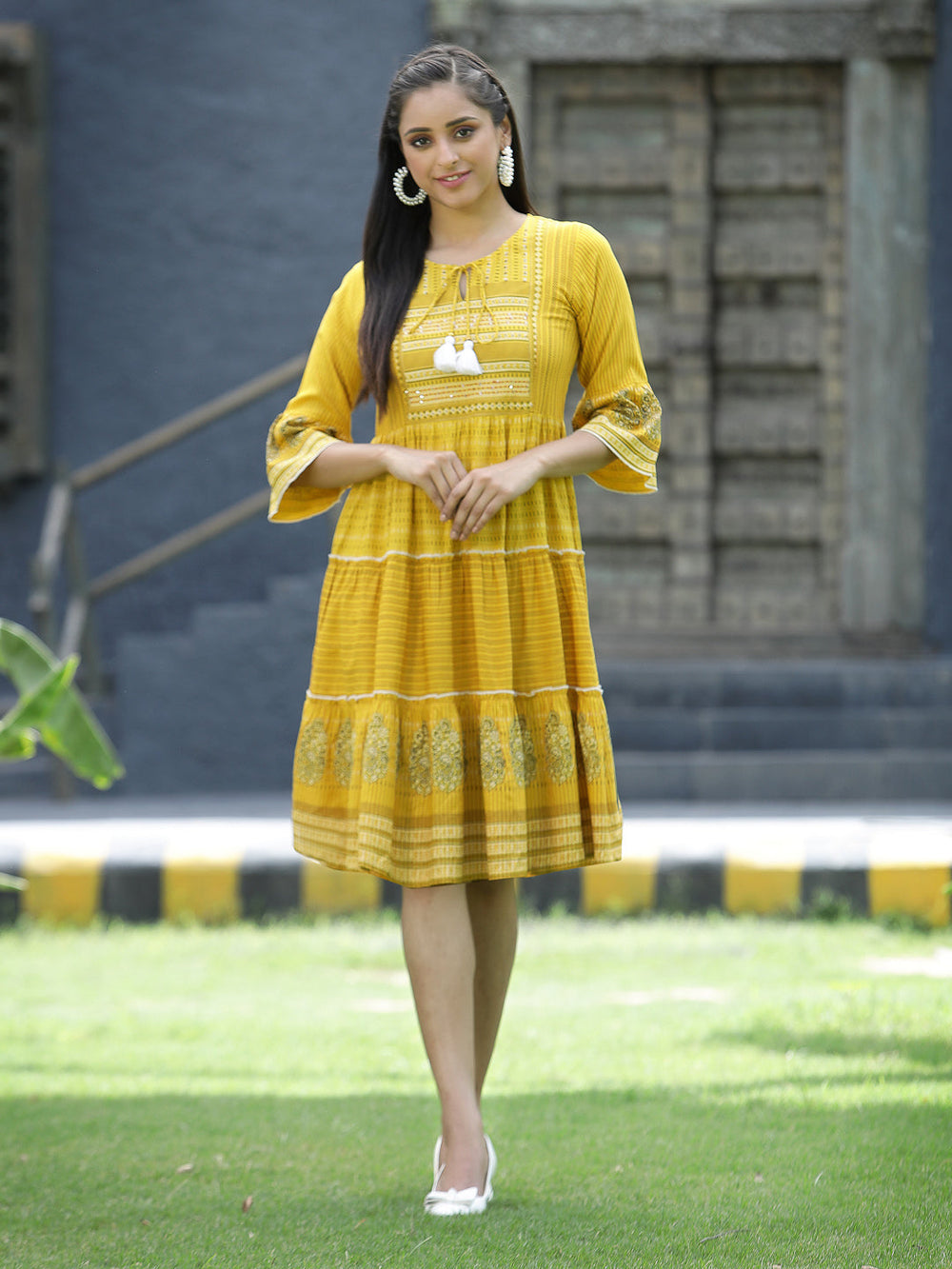 Juniper Mustard Rayon Festive Printed Tiered Short Dress For Women | Grocsy