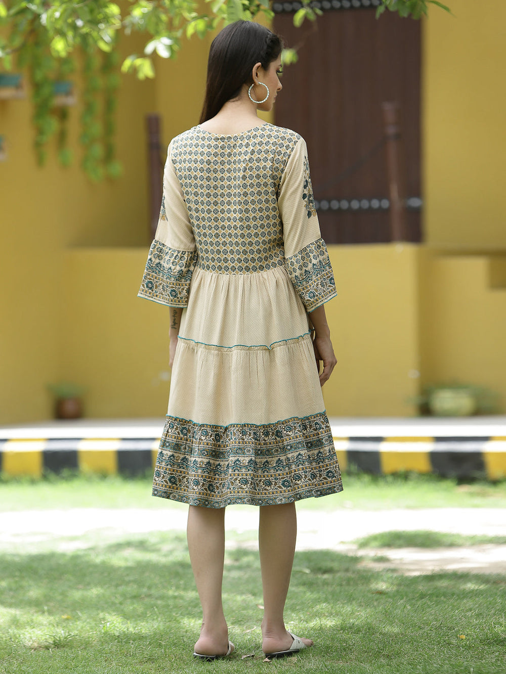 Juniper Beige Rayon Casual Wear Printed Tiered Short Dress | Grocsy