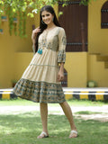 Juniper Beige Rayon Casual Wear Printed Tiered Short Dress | Grocsy