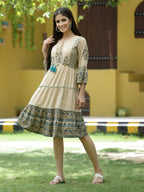 Juniper Beige Rayon Casual Wear Printed Tiered Short Dress | Grocsy