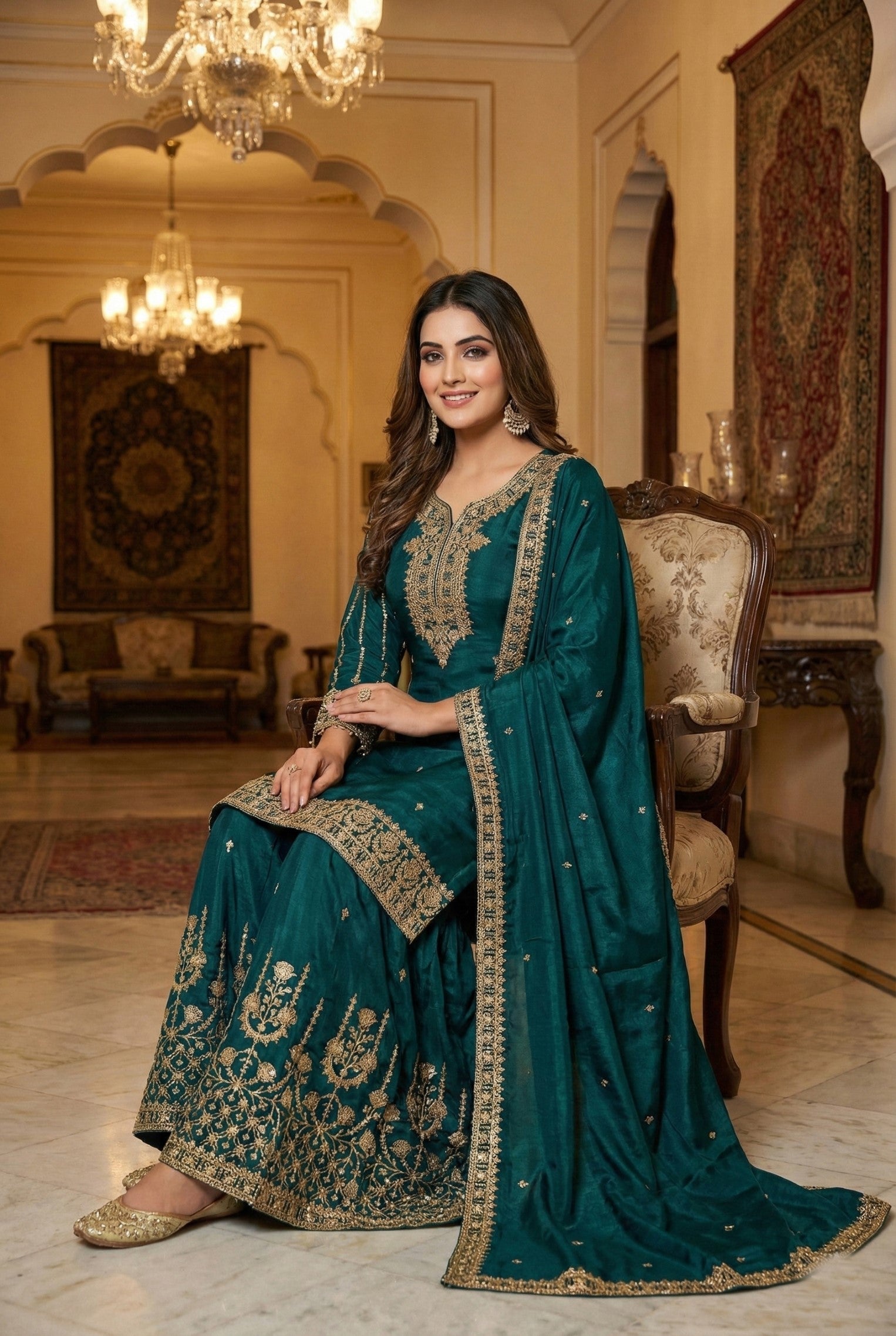 Anaita D Green Chinon Stitched Suit With Embroidery & Sequence Work | Grocsy