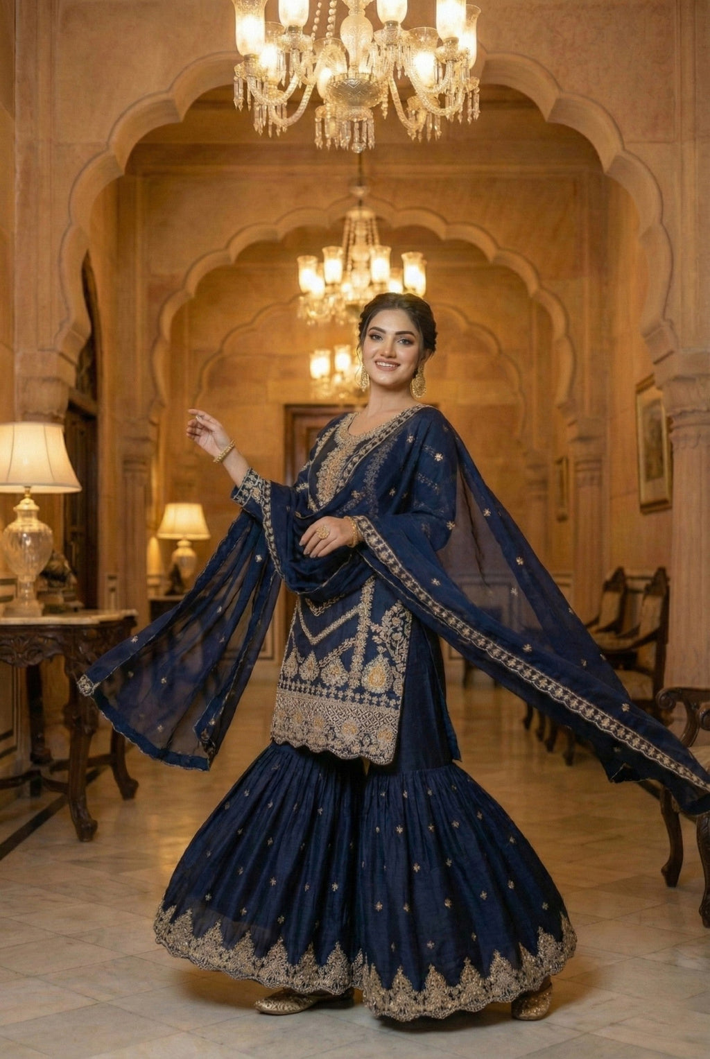 Anaita Navy Chinon Stitched Sharara Suit with Embroidery & Sequence Work | Grocsy