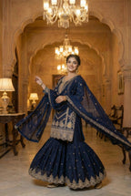 Anaita Navy Chinon Stitched Sharara Suit with Embroidery & Sequence Work | Grocsy