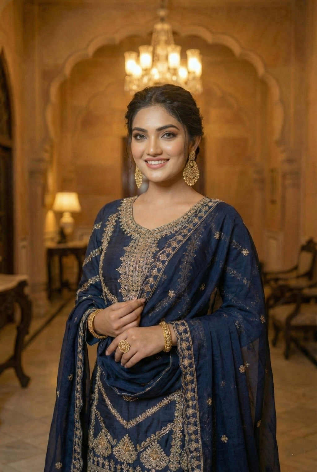 Anaita Navy Chinon Stitched Sharara Suit with Embroidery & Sequence Work | Grocsy