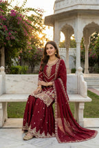 Anaita Maroon Chinon Stitched Sharara Suit with Embroidery & Sequence Work | Grocsy