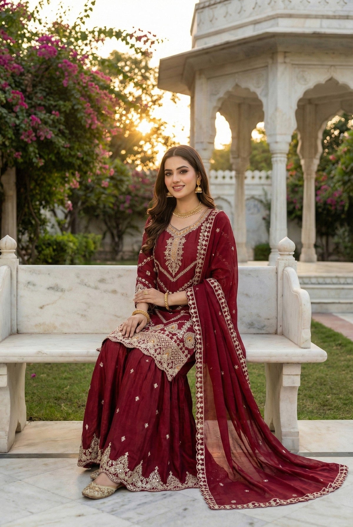 Anaita Maroon Chinon Stitched Sharara Suit with Embroidery & Sequence Work | Grocsy