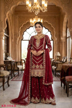 Anaita Maroon Chinon Stitched Sharara Suit with Embroidery & Sequence Work | Grocsy