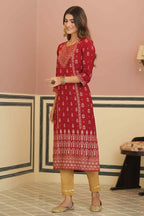Juniper Maroon Rayon Festive Printed Straight Kurta For Women | Grocsy