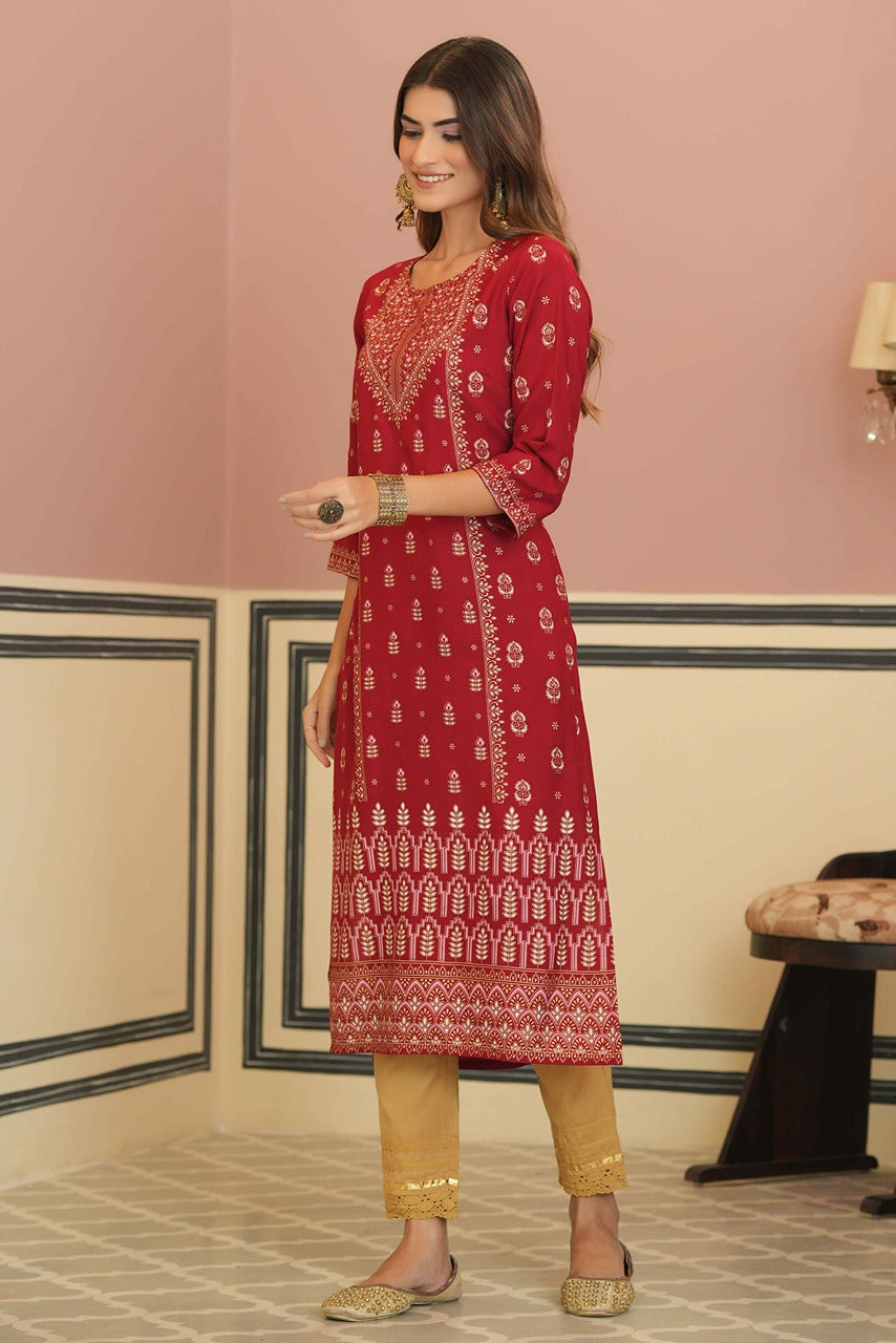 Juniper Maroon Rayon Festive Printed Straight Kurta For Women | Grocsy