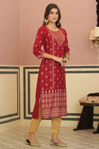 Juniper Maroon Rayon Festive Printed Straight Kurta For Women | Grocsy