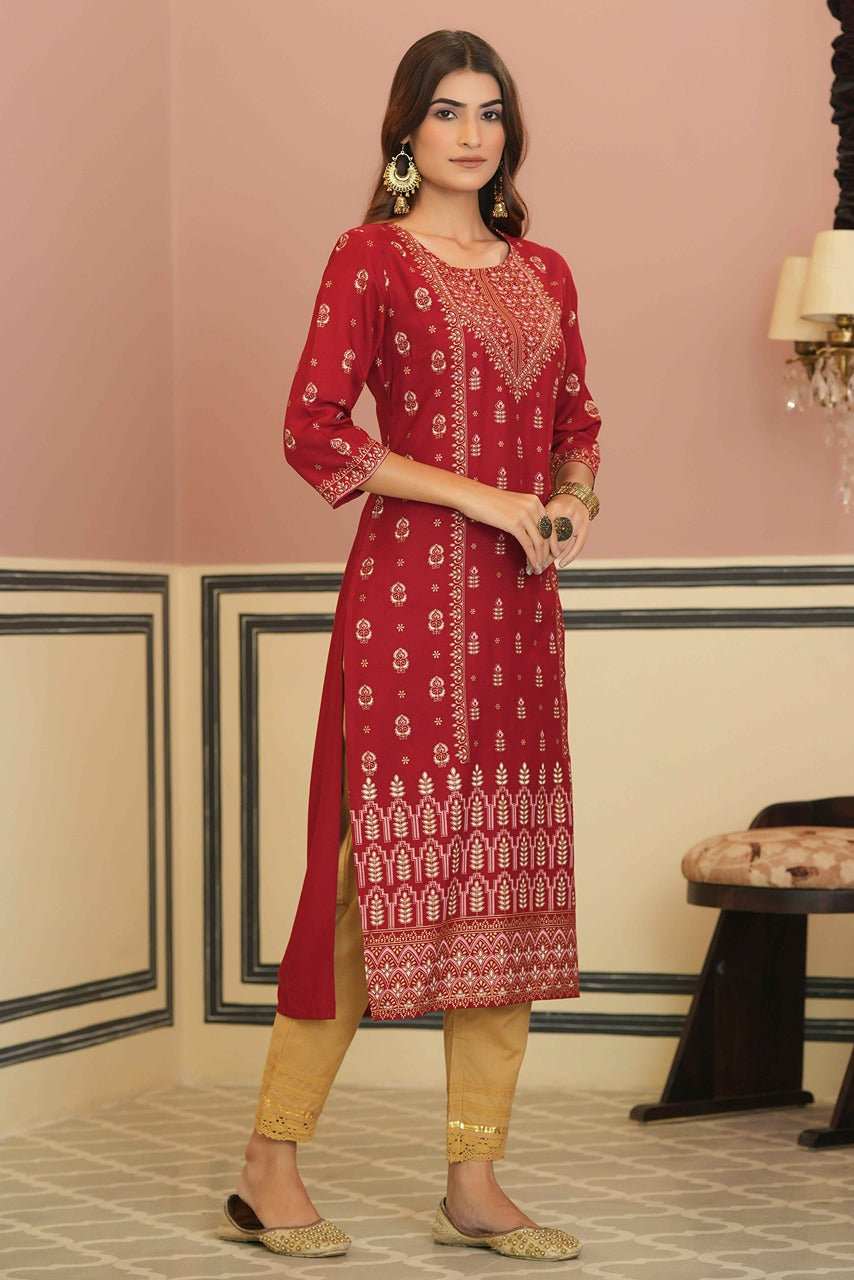 Juniper Maroon Rayon Festive Printed Straight Kurta For Women | Grocsy