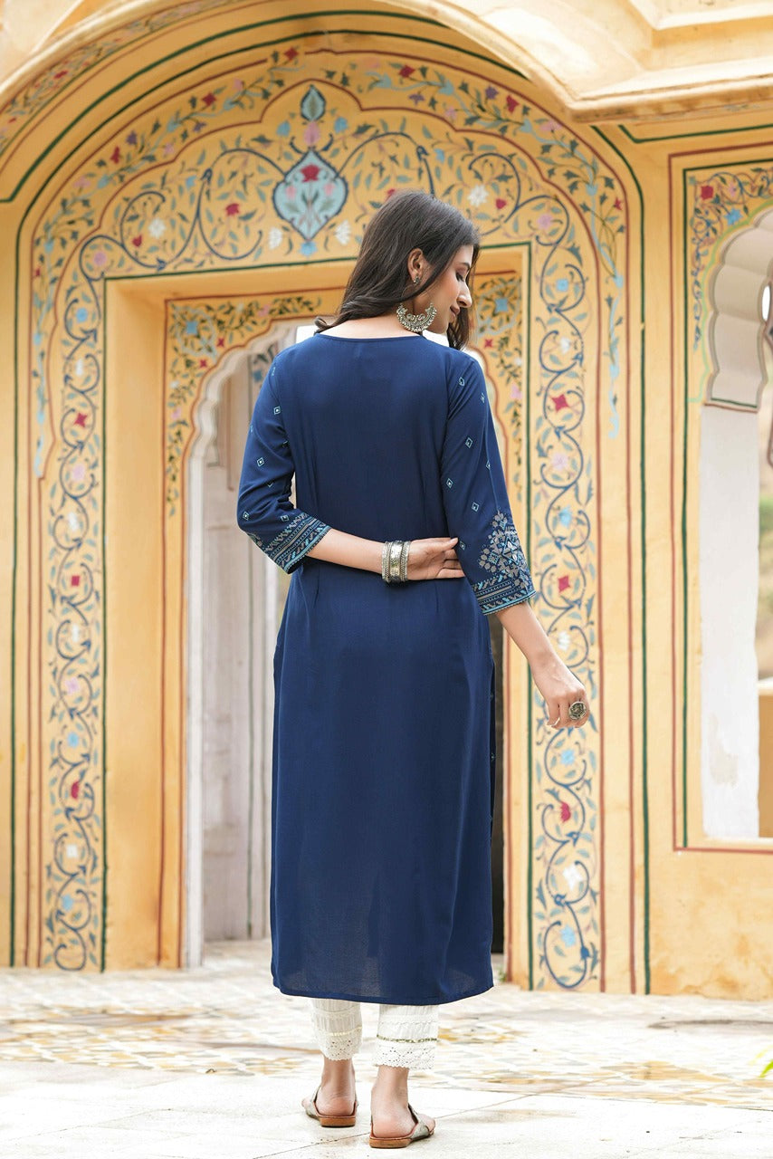 Juniper Blue Rayon Festive Printed Straight Kurta For Women | Grocsy