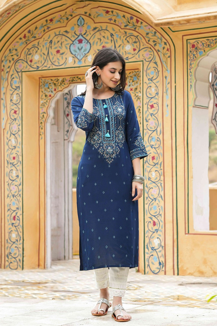 Juniper Blue Rayon Festive Printed Straight Kurta For Women | Grocsy