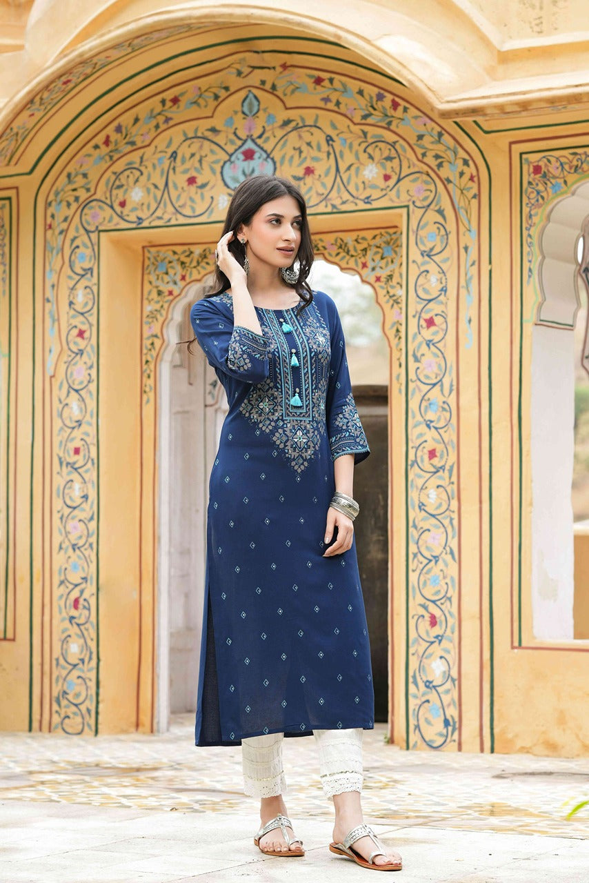 Juniper Blue Rayon Festive Printed Straight Kurta For Women | Grocsy