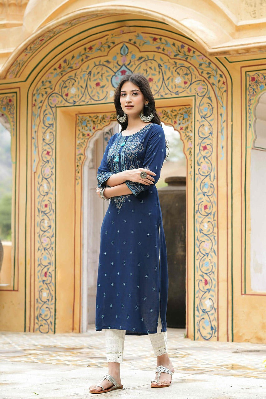 Juniper Blue Rayon Festive Printed Straight Kurta For Women | Grocsy