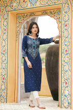 Juniper Blue Rayon Festive Printed Straight Kurta For Women | Grocsy