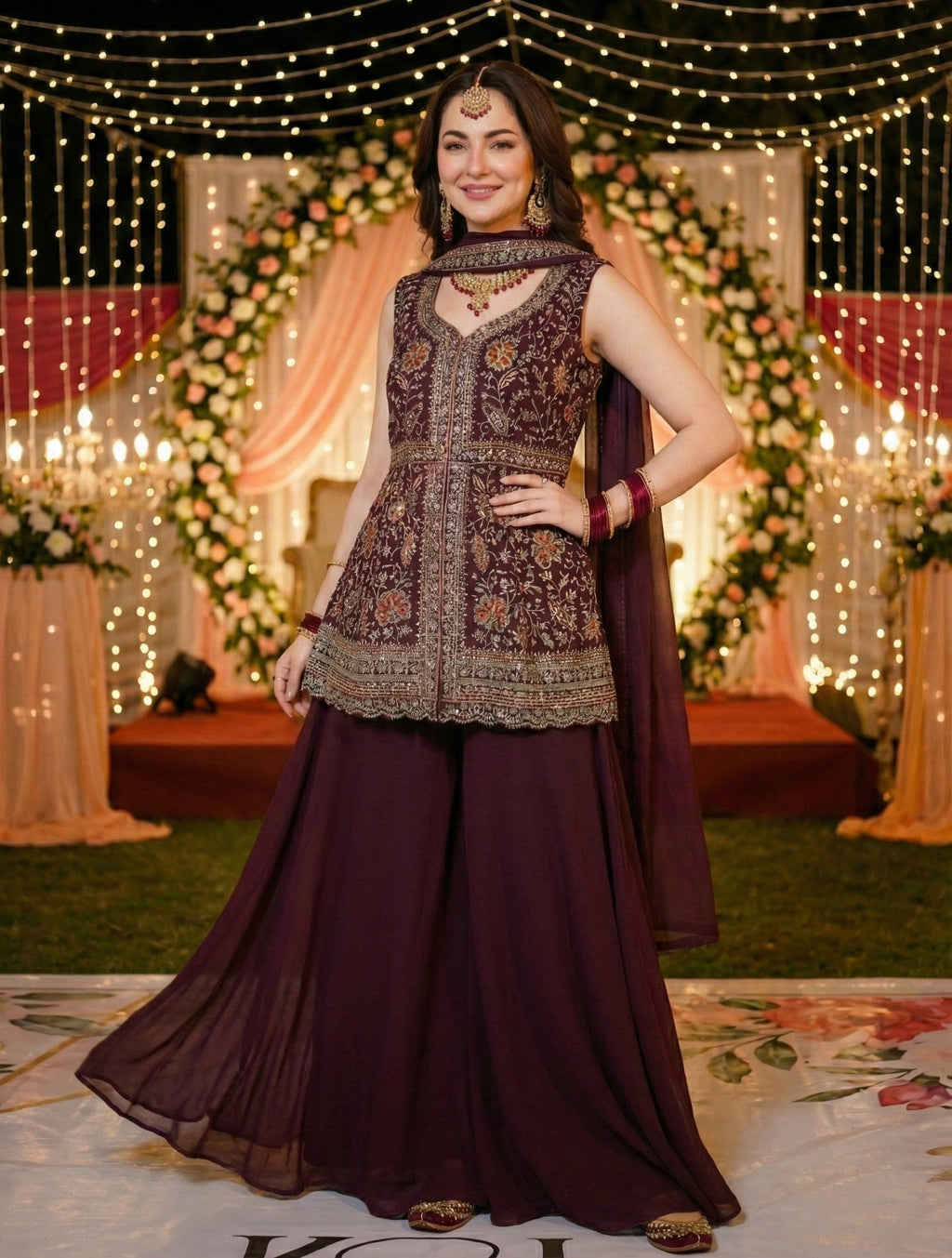 Anaita Maroon Georgette Stitched Suit With Multi Embroidery & Sequence Work | Grocsy