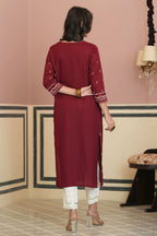 Juniper Maroon Rayon Festive Printed Straight Kurta For Women | Grocsy