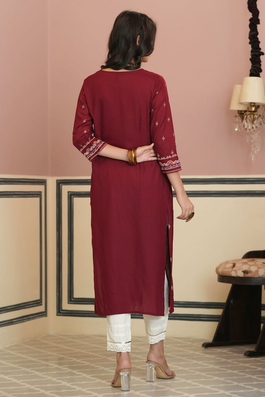 Juniper Maroon Rayon Festive Printed Straight Kurta For Women | Grocsy