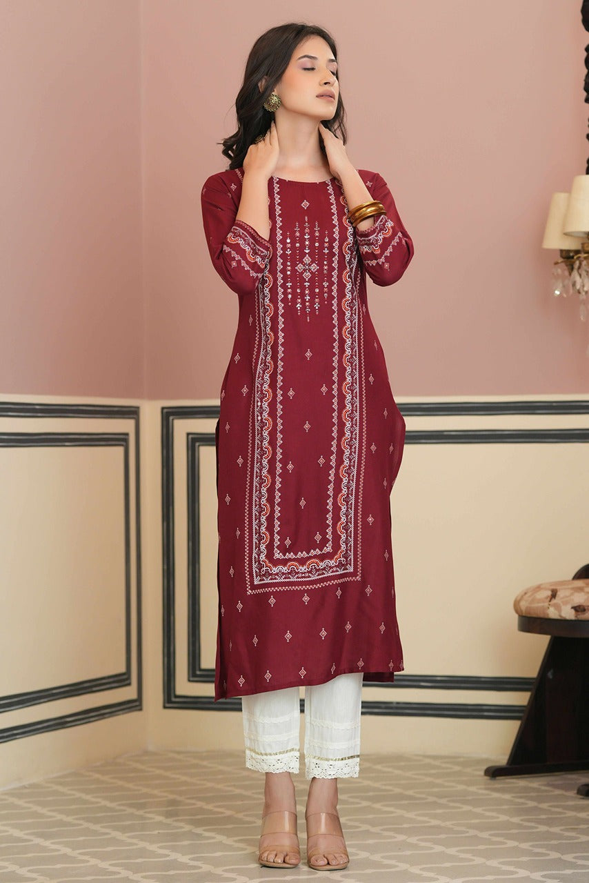 Juniper Maroon Rayon Festive Printed Straight Kurta For Women | Grocsy