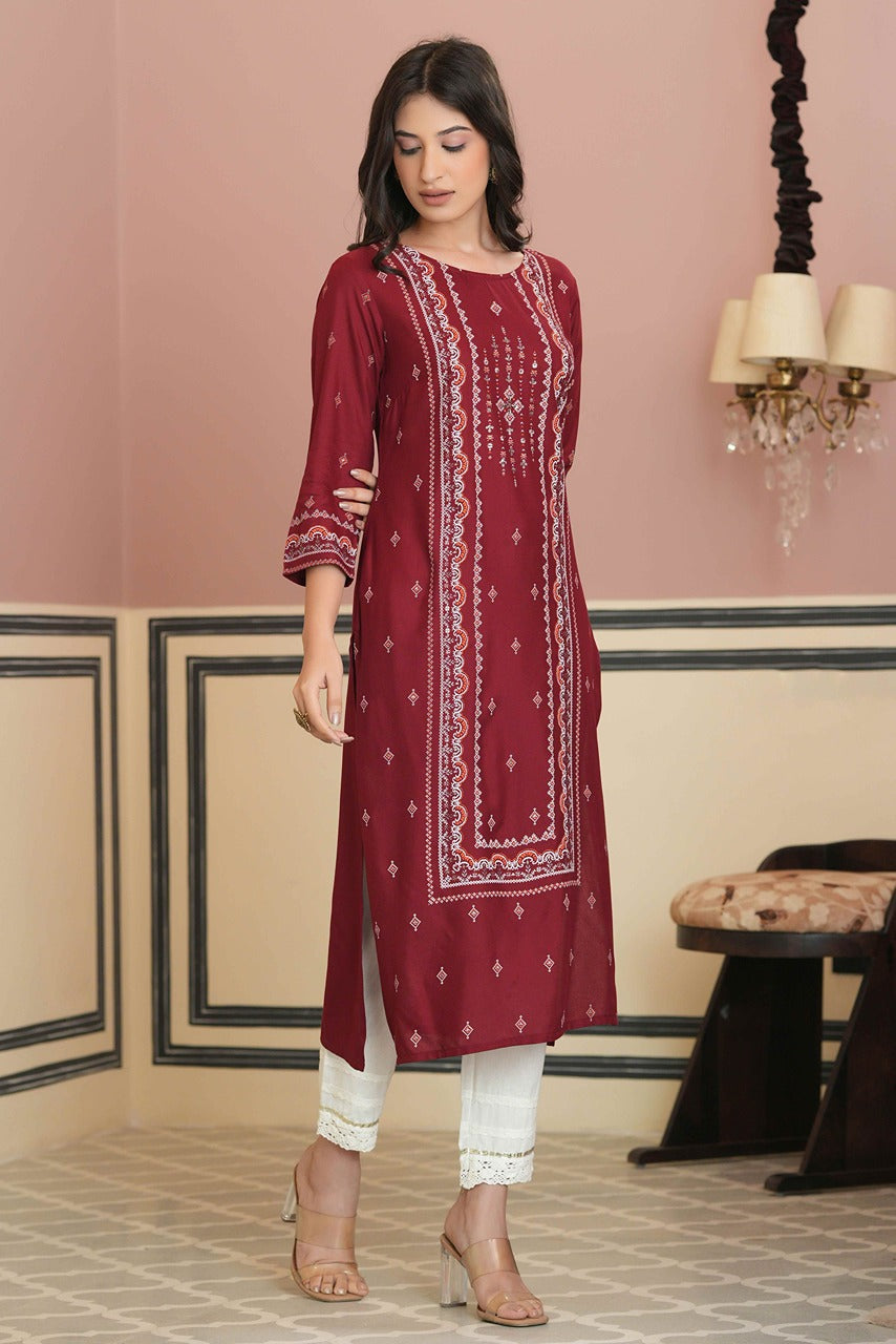 Juniper Maroon Rayon Festive Printed Straight Kurta For Women | Grocsy