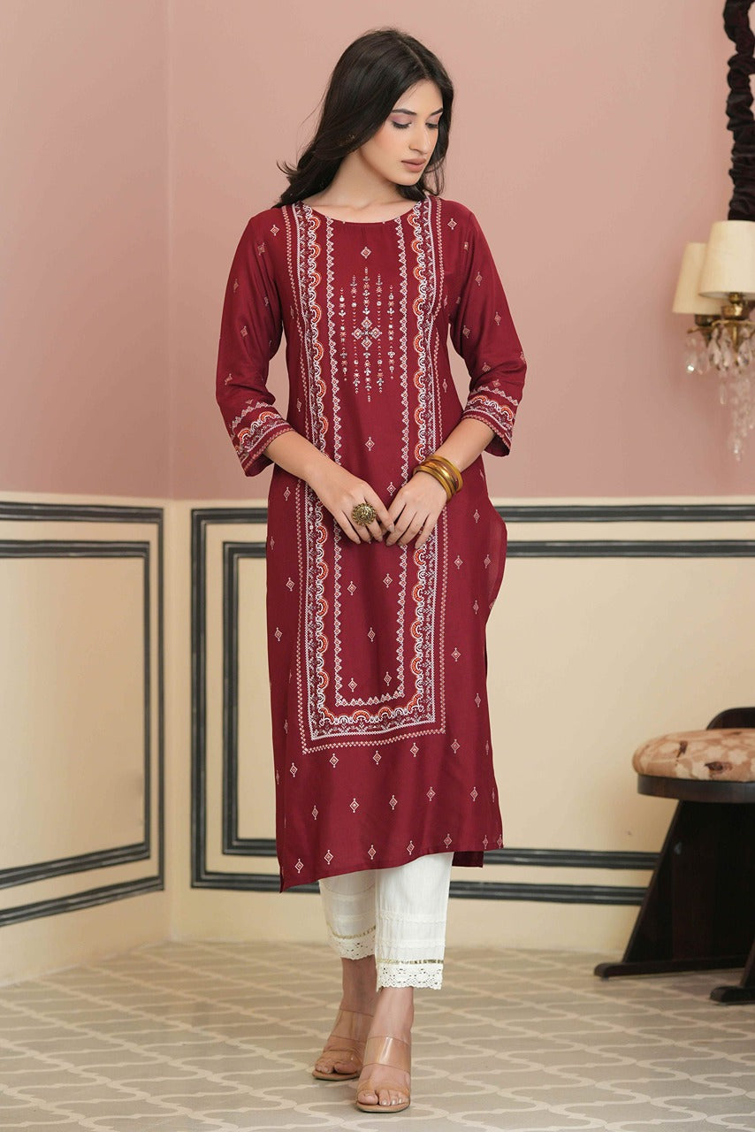 Juniper Maroon Rayon Festive Printed Straight Kurta For Women | Grocsy