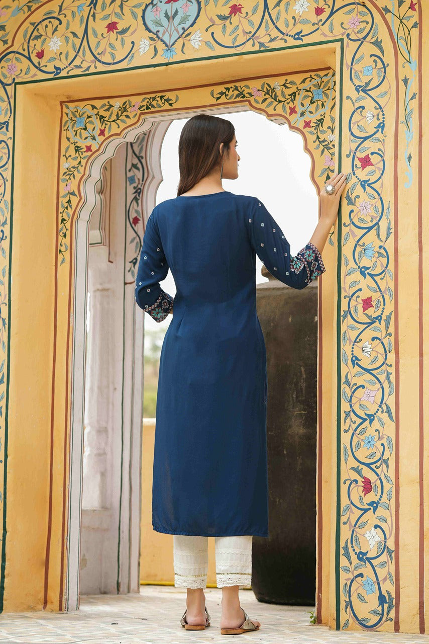 Juniper Blue Rayon Festive Printed Straight Kurta For Women | Grocsy