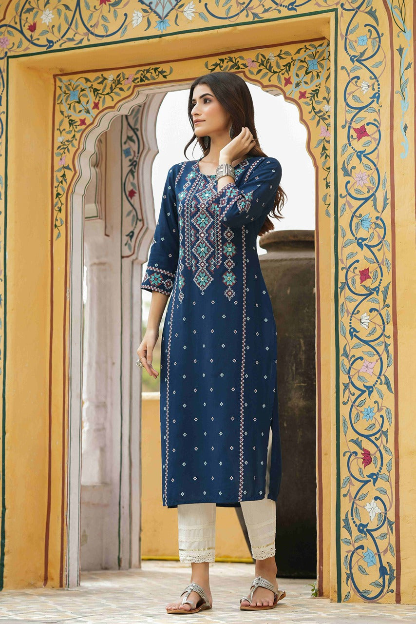 Juniper Blue Rayon Festive Printed Straight Kurta For Women | Grocsy