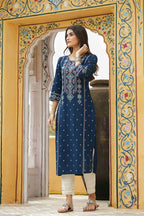 Juniper Blue Rayon Festive Printed Straight Kurta For Women | Grocsy