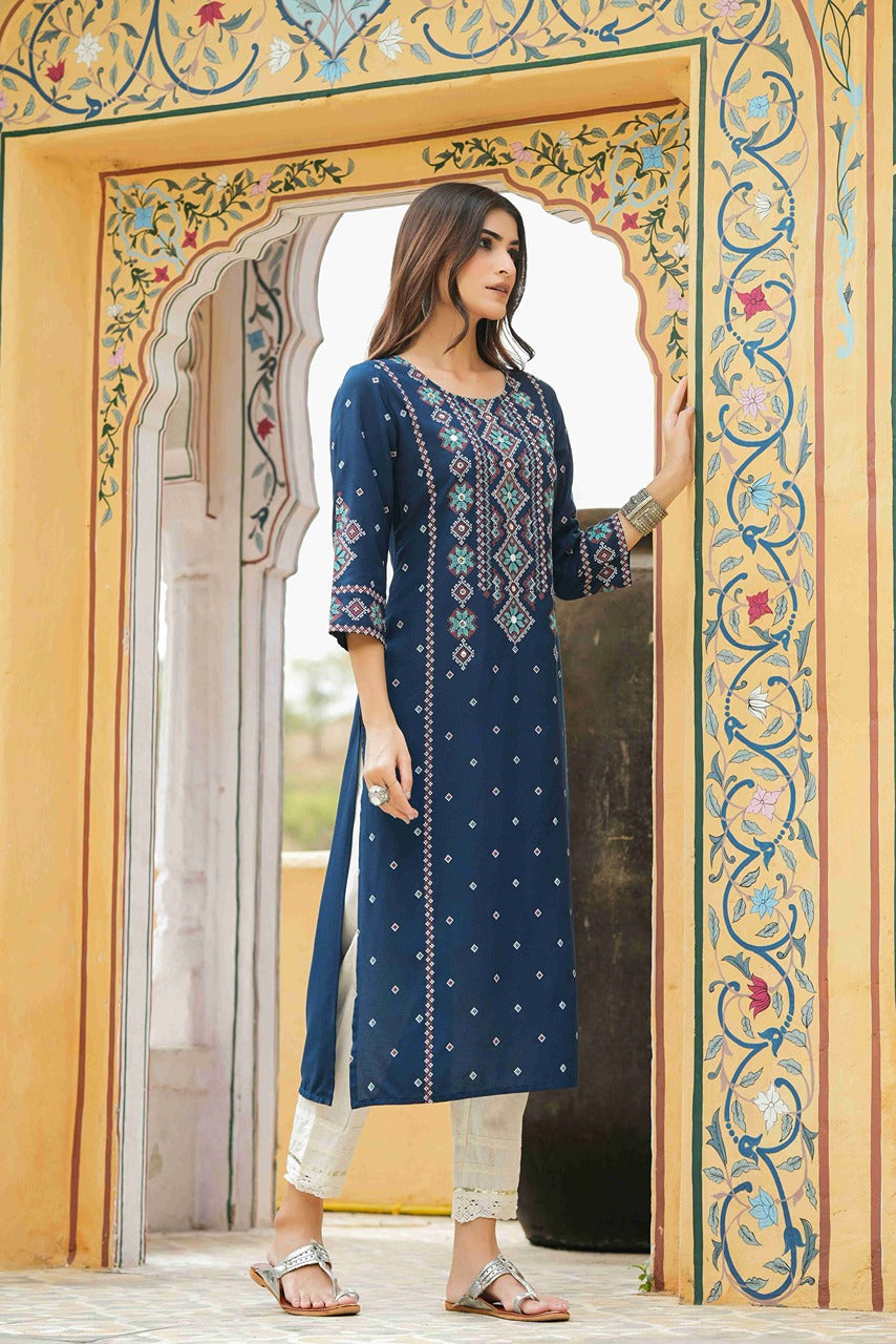 Juniper Blue Rayon Festive Printed Straight Kurta For Women | Grocsy