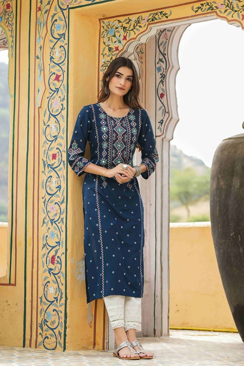 Juniper Blue Rayon Festive Printed Straight Kurta For Women | Grocsy