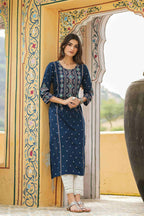 Juniper Blue Rayon Festive Printed Straight Kurta For Women | Grocsy