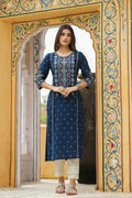 Juniper Blue Rayon Festive Printed Straight Kurta For Women | Grocsy