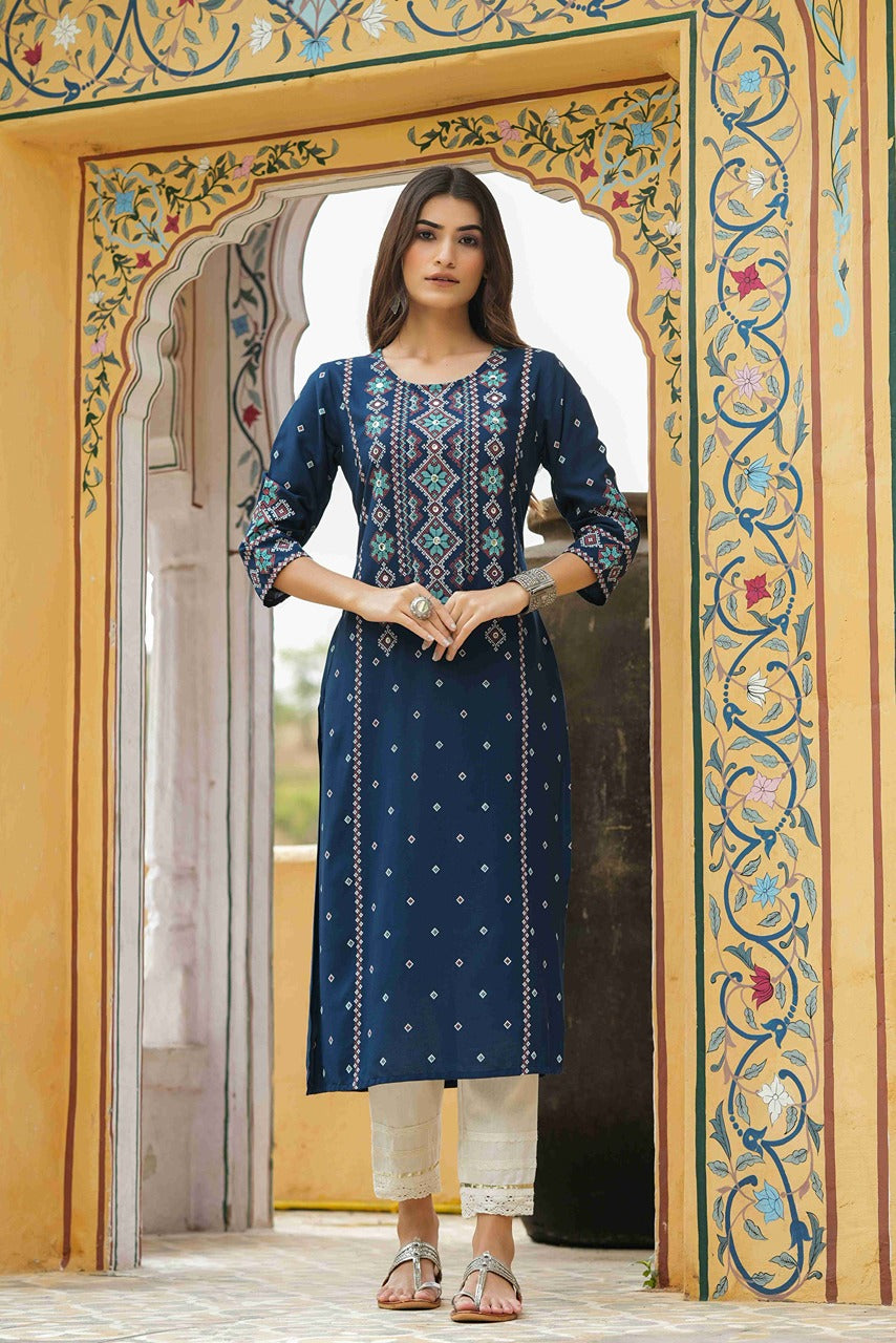 Juniper Blue Rayon Festive Printed Straight Kurta For Women | Grocsy
