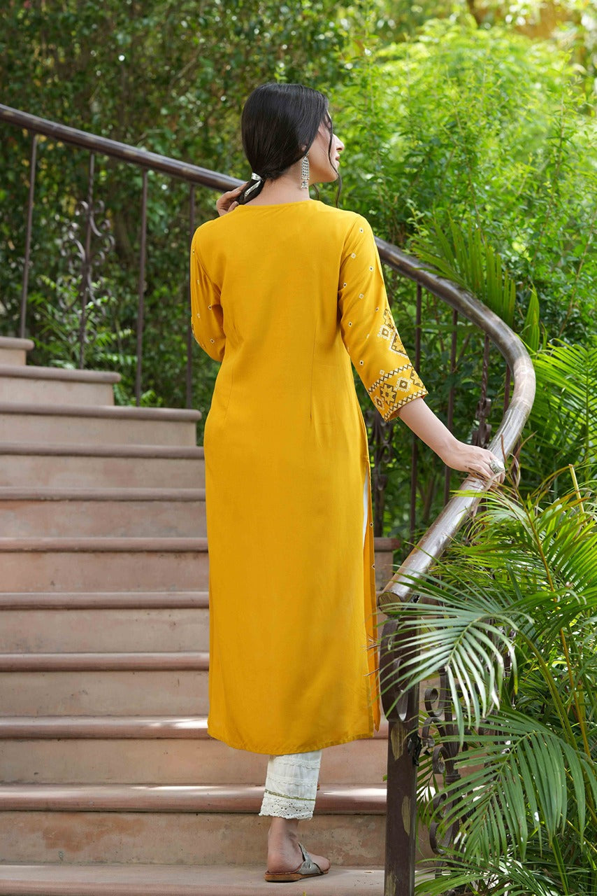 Juniper Mustard Rayon Festive Printed Straight Kurta For Women | Grocsy