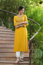 Juniper Mustard Rayon Festive Printed Straight Kurta For Women | Grocsy