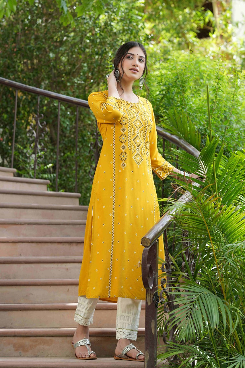 Juniper Mustard Rayon Festive Printed Straight Kurta For Women | Grocsy