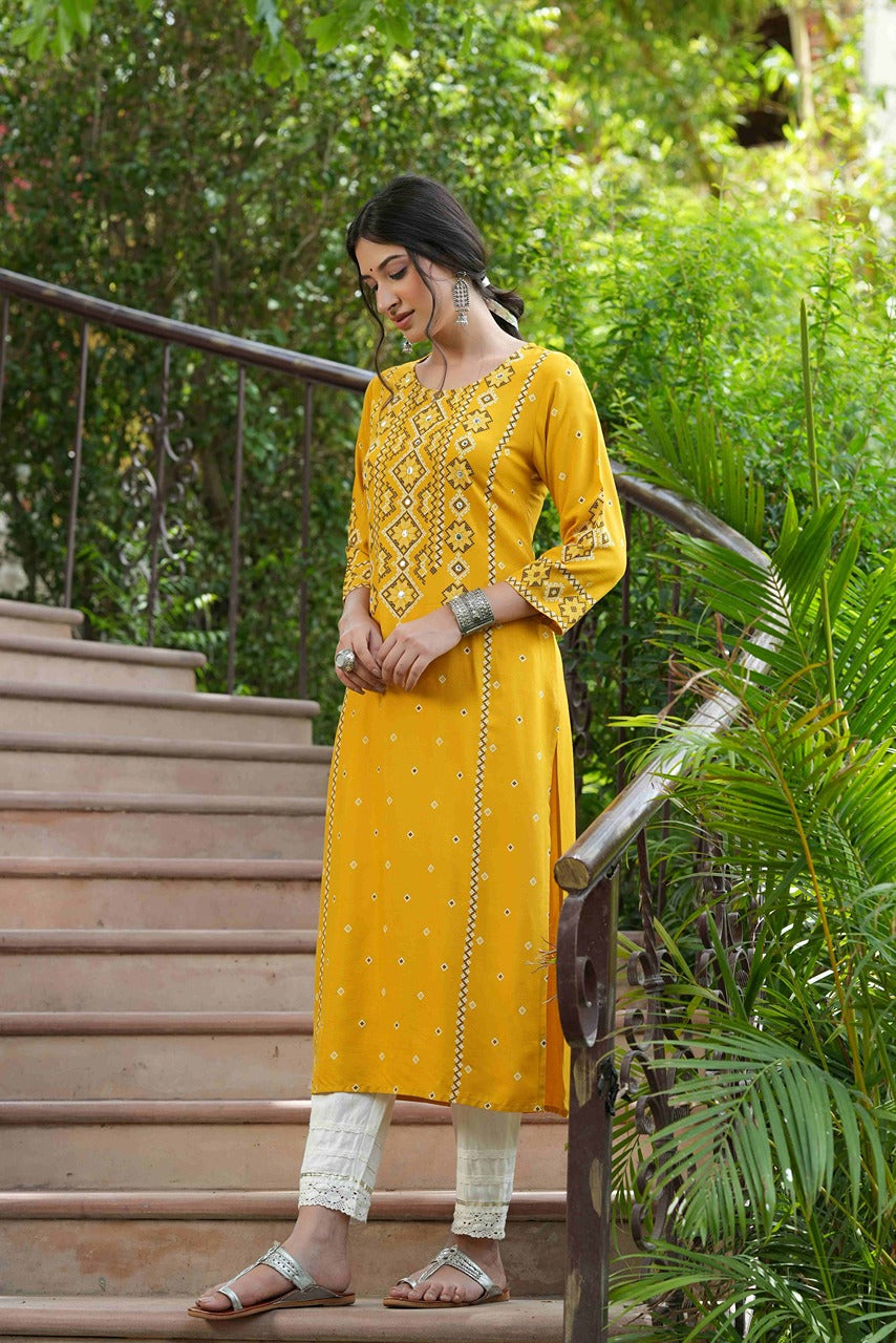 Juniper Mustard Rayon Festive Printed Straight Kurta For Women | Grocsy