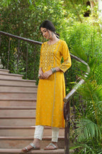 Juniper Mustard Rayon Festive Printed Straight Kurta For Women | Grocsy