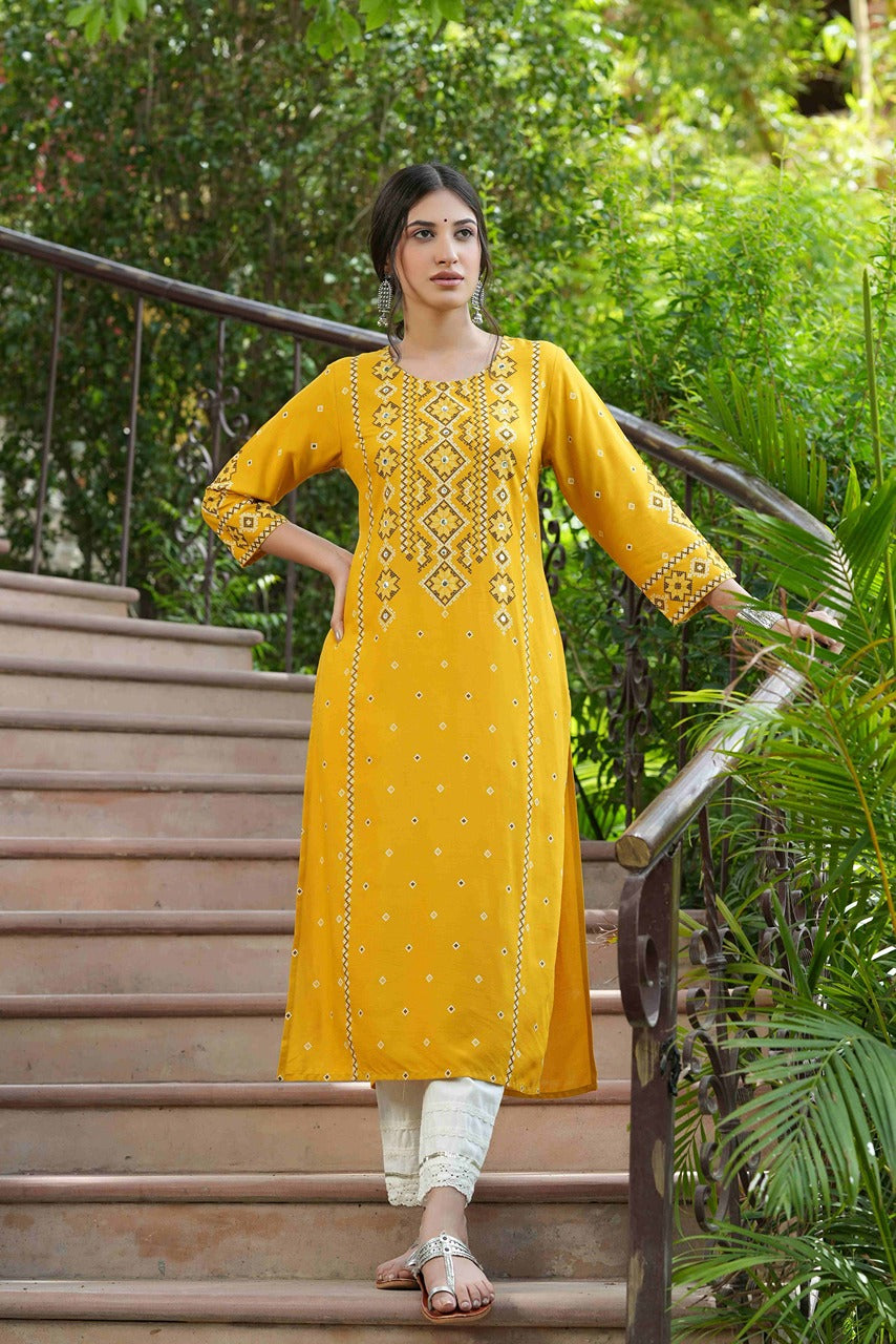 Juniper Mustard Rayon Festive Printed Straight Kurta For Women | Grocsy