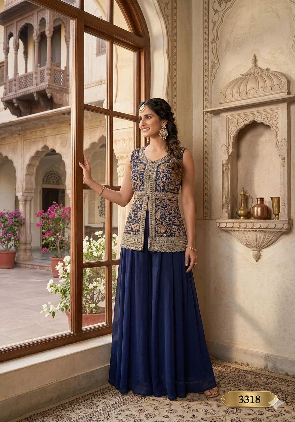 Anaita Navy Georgette Stitched Plazzo Suit with Sequence Lakhnavi Embroidery work | Grocsy