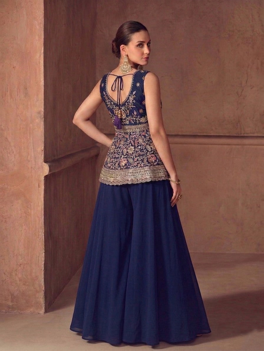 Anaita Navy Georgette Stitched Plazzo Suit with Sequence Lakhnavi Embroidery work | Grocsy