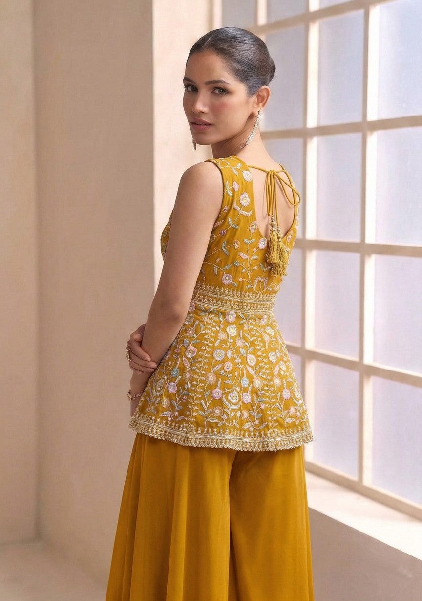 Anaita Yellow Georgette Stitched Plazzo Suit with Sequence Lakhnavi Embroidery work | Grocsy