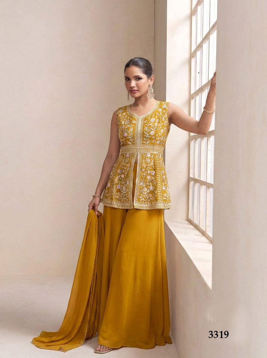 Anaita Yellow Georgette Stitched Plazzo Suit with Sequence Lakhnavi Embroidery work | Grocsy