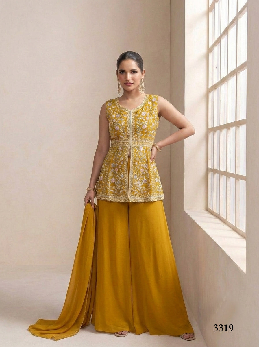 Anaita Yellow Georgette Stitched Plazzo Suit with Sequence Lakhnavi Embroidery work | Grocsy