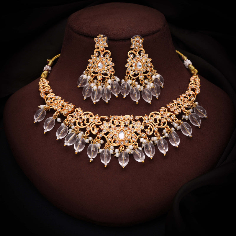 Tehzeeb Creations Gold-Polished White Colour Necklace With Stud | Grocsy