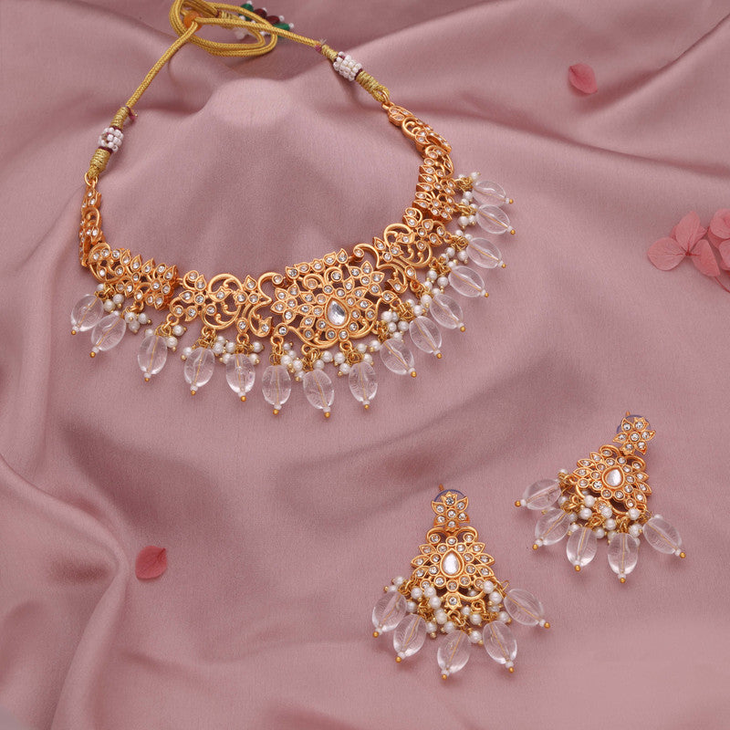Tehzeeb Creations Gold-Polished White Colour Necklace With Stud | Grocsy