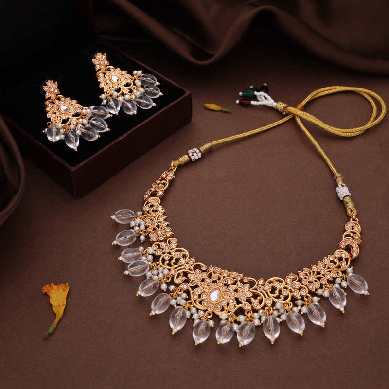 Tehzeeb Creations Gold-Polished White Colour Necklace With Stud | Grocsy
