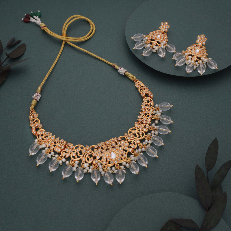 Tehzeeb Creations Gold-Polished White Colour Necklace With Stud | Grocsy